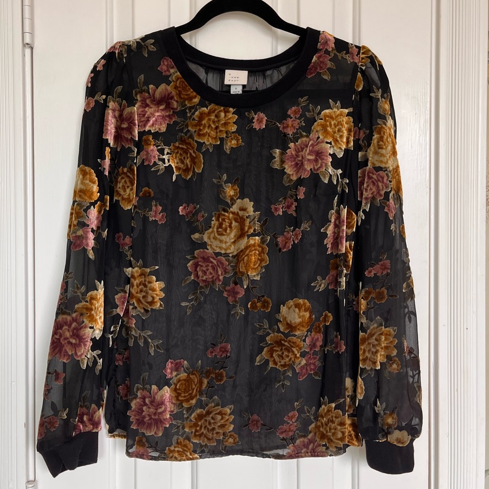 a new day Black Floral Sheer Blouse